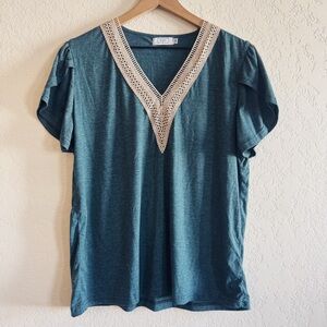 Vanfany | crochet v neck ruffle sleeve t shirt | XL